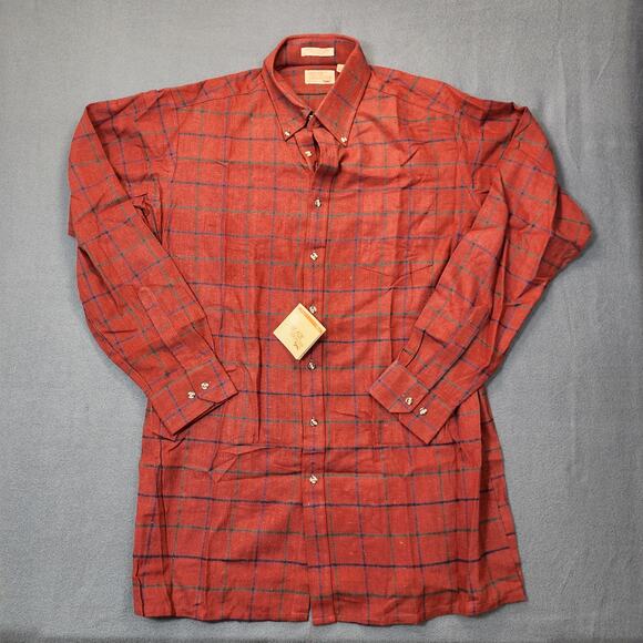 The Fox Collection Men Shirt Large Tall Red Windowpane Plaid Flannel Vintage NEW - Picture 1 of 11